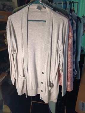 Light Gray Open-Front Button Cardigan Sweater
